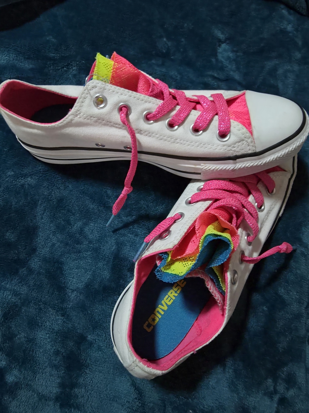 Converse White Low-Top Sneakers with Hot Pink Laces and Neon Accents